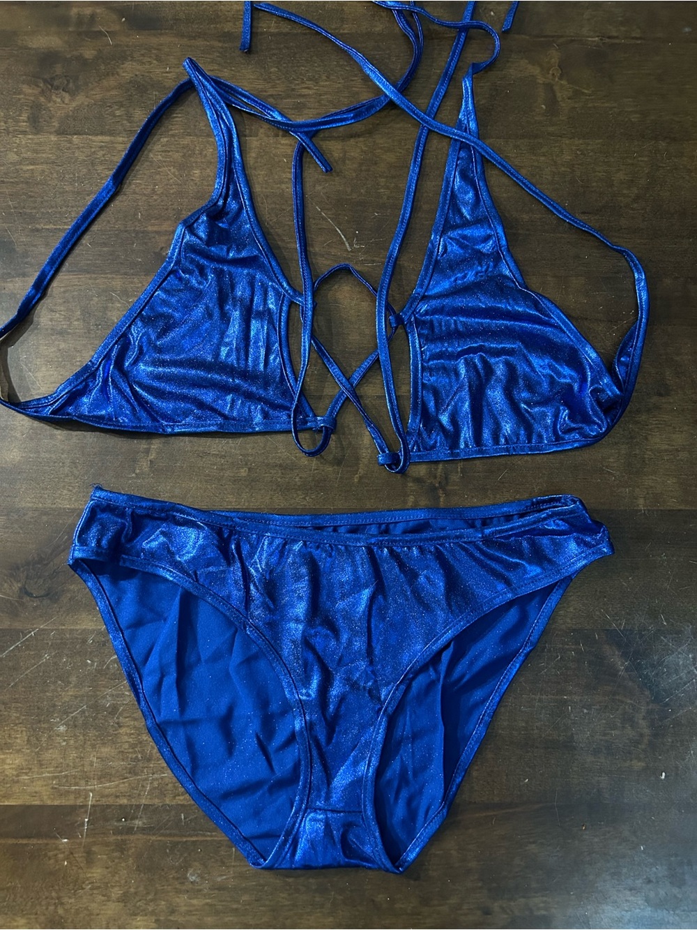 New with Defects Shiny Dark Blue Halter Triangle Top Matching Bottom Bikini Set